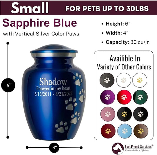 Pet Urn for Dogs and Cats with Personalized Laser Engraving, Ottillie Paws Premier Series Memorial Urns (Small Sapphire Blue with Vertical Pewter Paws)