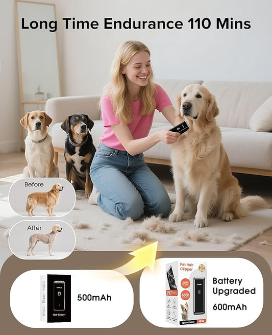 Dog Clipper for Matted & Long Hair,Quiet Pet Paw Hair Trimming Groomer,Handy Cordless Rechargeable Waterproof Shaver Kits for Cats,Small Dogs & Animals Black