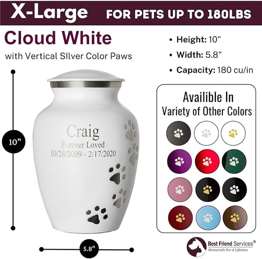 Pet Urn for Dogs and Cats with Personalized Laser Engraving, Ottillie Paws Premier Series Memorial Urns (X-Large Cloud White with Vertical Pewter Paws)