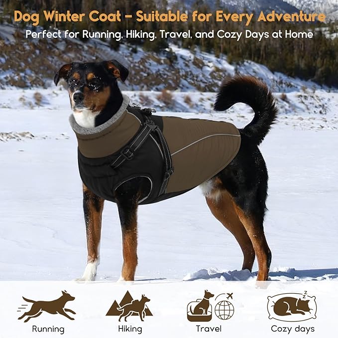 ASENKU Reflective Dog Coat with Built-in Harness, Windproof Fleece-Lined Dog Jacket for Small, Medium, Large Dogs, Warm Winter Vest with Turtleneck & Zipper (Khaki 2XL)