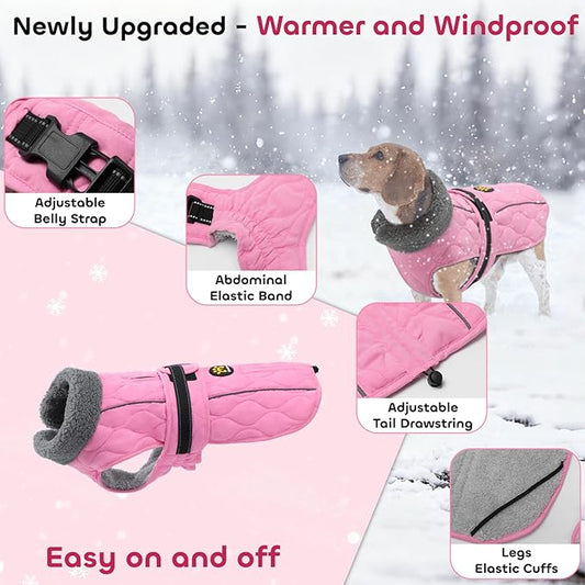 Dog Winter Jacket, Adjustable Water-Resistant Dog Warm Coat with Fleece Lining, Windproof Cold Weather Coats for Winter, Reflective Snow Jacket for Labrador Golden Retriever, NewPink XL