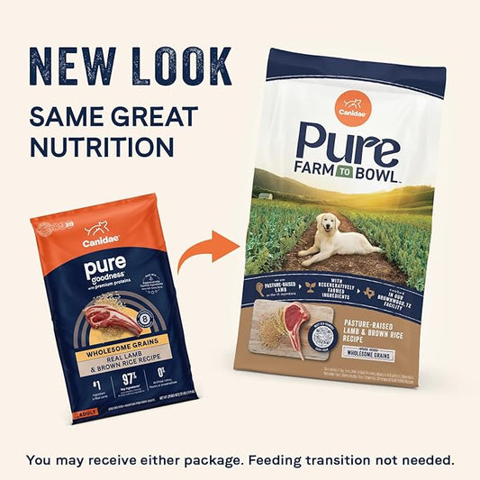 CANIDAE Pure Farm to Bowl Pasture-Raised Lamb & Brown Rice Dog Food, Adult Dog Food, 22lb
