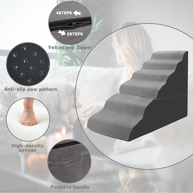 Dog Stairs for High Beds 30-36 inches Tall, 6-Step Dog Steps for Bed 32-36 inches for Small Large Dogs, Doggie Ramp for Bed, 30D Foam Pet Stairs for Old Dogs/Cats, Free-Installation, Grey
