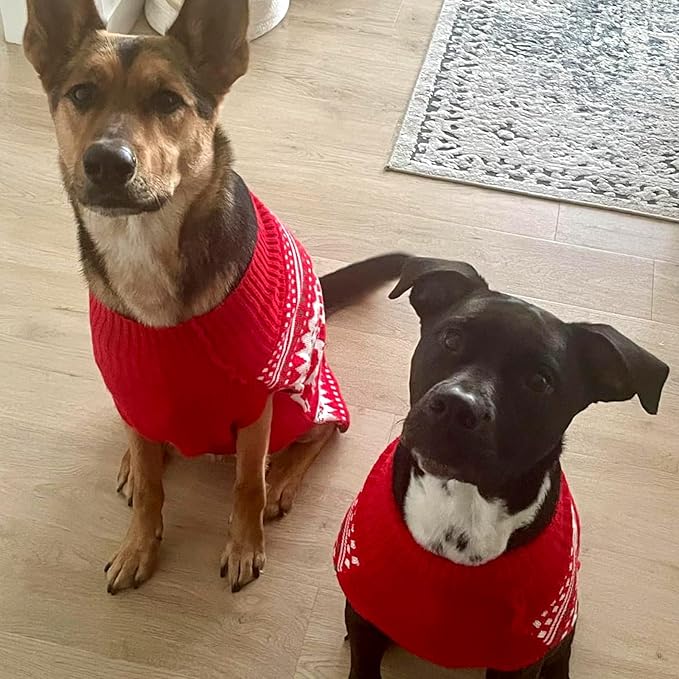 KYEESE Dog Christmas Sweater, Warm Turtleneck Dog Sweater for Small Dogs Boy Girl with Snowflake & Reindeer Pattern, Cozy Doggie Knitwear with Leash Hole, Soft Festvial Pet Clothes, X-Large