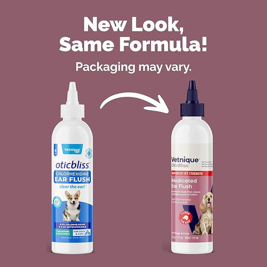 Vetnique Oticbliss Advanced Strength Medicated Dog Ear Infection Treatment, Antiseptic Ear Cleaner for Cat & Dog Ear Cleaning Solution Chlorhexidine & Ketoconazole (6oz Flush)