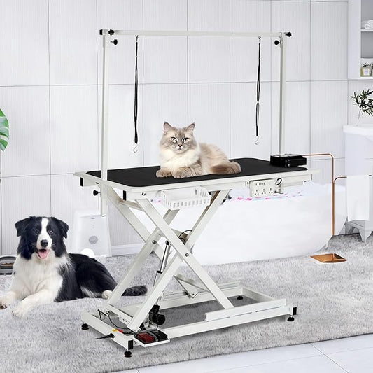 50" Large Dog Grooming Table, Heavy Duty Hydraulic Lift Dog Grooming Table with Aluminium Overhead Arm, Anti Slip Tabletop, 6 Usb Ports for Home and Salon, Maximum Capacity Up to 300Lb, White