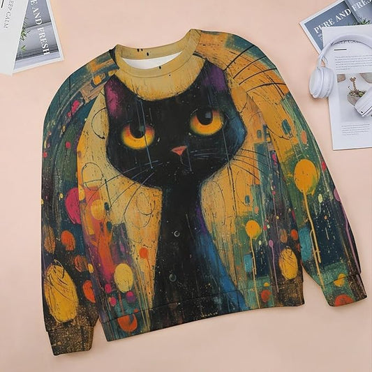Biacolum Long Sleeve Shirts for Women Mid Century Retro Style Atomic Cat 3D Graphic Sweatshirts Fall Crewneck Pullover Top