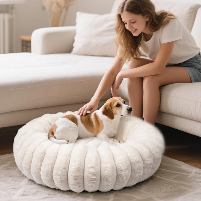Warming Faux Rabbit Fur Pet Beds – Luxurious Donut Dog & Cat Bed, Anti-Anxiety Calming Cuddler Bed for Small Medim Dogs, Washable Round Puppy Kitten Beds, Non-Slip Bottom(36x36x10, White)