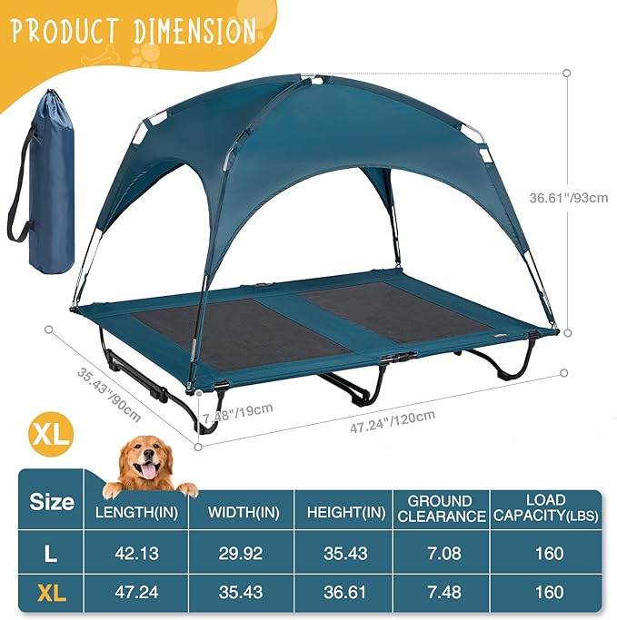 47 Inch Elevated Cooling Large Dog Bed with Removable Canopy, Raised Beds for Large Dogs with Washable Breathable Mesh, Dog Cot for Big Dogs, Indoor/Outdoor Pet Cot with Canopy
