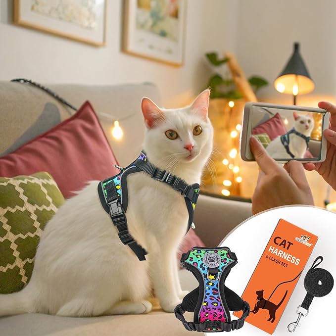 BEAUTYZOO Escape Proof Cat Harness and Leash for Walking, Soft Adjustable Cute Vest for Small to Large Cats, Reflective Breathable Easy-Control Outdoor Jacket, Kitten Harness and Leash Set, Leopard, S