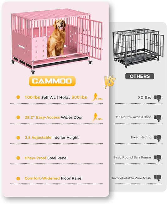 48'' Heavy Duty Dog Crate for Large Dogs, – Upgraded Chew-Proof Panels, Comfort-Widened Floor Panel, Dog Kennel Indoor, Adjustable Internal Height, Easy-Access Wide Door, 4 Lockable Wheels