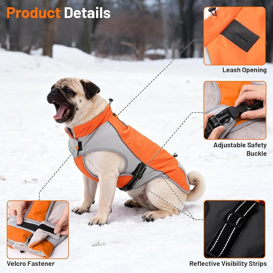 Dog Winter Coat - Waterproof Cold Weather Coat with Thick Padding, Windproof Dog's Snow Jacket with Neck & Tail Drawstrings, Reflective Dog Jacket - Medium Pet Coats, Orange & Gray XL