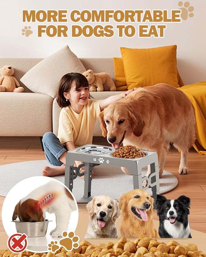 Elevated Dog Bowls, Dog Feeder with Stainless Steel Dishes & Slow Feeder Bowl, 5 Heights Adjustable Raised Stand for Medium Large, Food Dishes with Non-Slip Feet