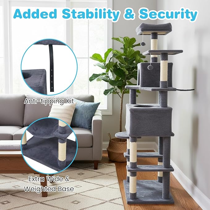 Tangkula Cat Tree for Indoor Cats, 75 Inch Extra Tall Cat Tower with Sisal Scratching Post, Padded Top Perch, Dual Condos, Hammock, 2 Dangling Balls, Platforms, Multi-Level Cat Climbing Furniture