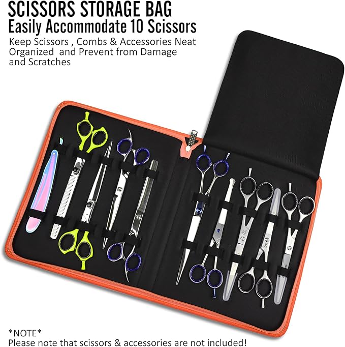 Leather Shears Case, Scissor Case, Shear Holder Holds 10 Grooming or Beauty Shears (Orange)