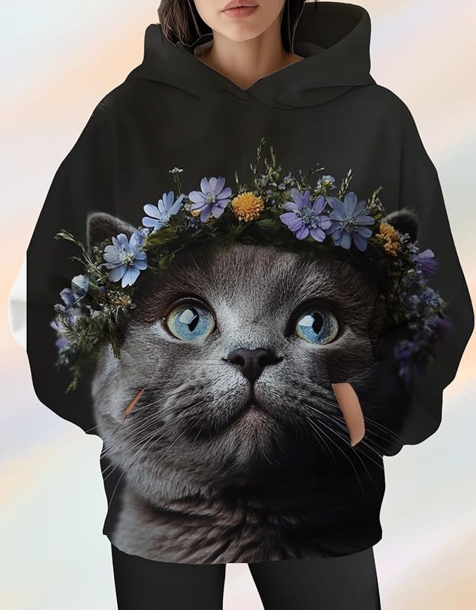 Womens Cat Print Hoodies Trendy Funny Cat Graphic Long Sleeve Sweatshirt Y2k Streetwear Hooded Pullover Tops