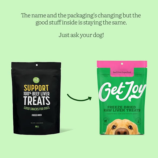 Get Joy Freeze Dried Superfood 100% Beef Liver Dog Treats, 4 Ounce Bag (Pack of 3), Single Ingredient Organ Meat, High Protein, Vision, Skin & Coat Health, Grain Free, Gluten Free, Made in USA