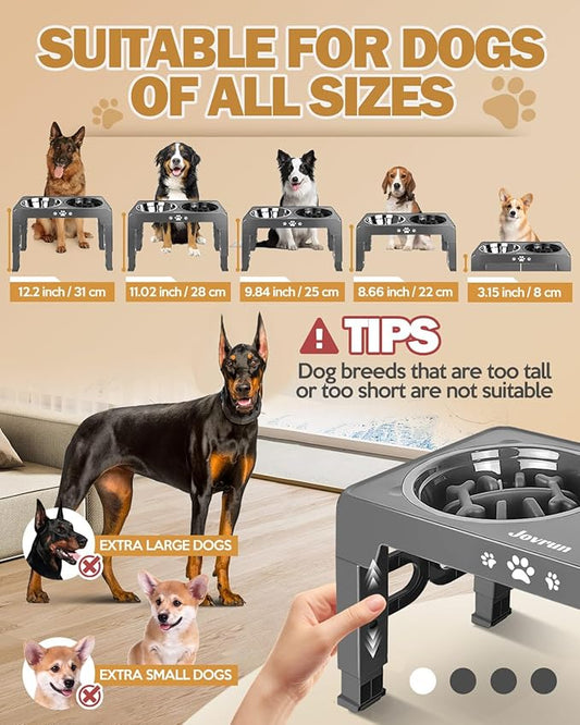 Elevated Dog Bowls, Dog Feeder with Stainless Steel Dishes & Slow Feeder Bowl, 5 Heights Adjustable Raised Stand for Medium Large, Food Dishes with Non-Slip Feet