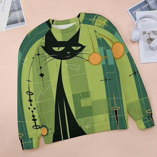 Biacolum Long Sleeve Shirts for Women Mid Century Retro Style Atomic Cat 3D Graphic Sweatshirts Fall Crewneck Pullover Top