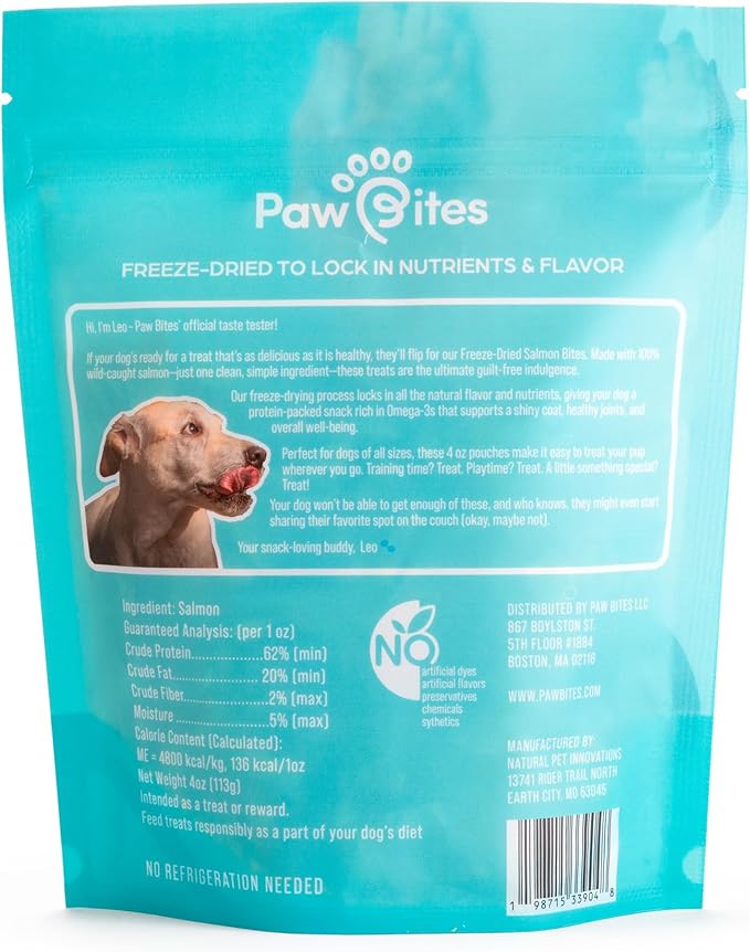 Paw Bites Freeze Dried Dog Treats - Wild Caught Salmon - Dog Food Dry Snacks - with Protein & Omega 3s - for All Breeds & Sizes - No Artificial Flavors & Dyes, No Preservatives - 1 Pouch, 4 oz