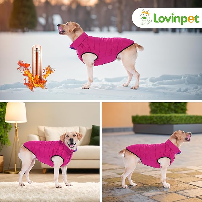 LovinPet Reversible Dog Puffer Coat for Medium & Large Dogs, Down‑Insulated Winter Jacket, Water‑Resistant & Wind‑Resistant, Anti‑Static, Dual-Sided Blue & Red for Cold Weather, XL