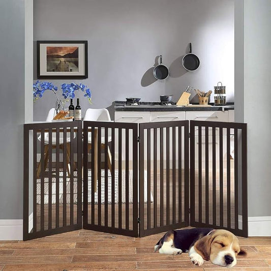 unipaws 36" H Free Standing Pet Gate for Dog Cat, Tall Wooden Dog Gates for Doorway, Stairs, Foldable Pet Fence for The House, Expandable Dog Barrier, Indoor Use, Espresso