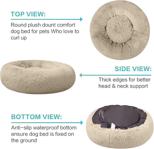 SAVFOX Plush Calming Donut Dog Beds for Small Dogs, Medium, Large & X-Large Breeds, Comfy Cuddler Dog Bed and Cat Bed in Faux Fur, Washable, Multiple Sizes S-XXL