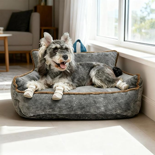 Small Dog Bed, Washable Pet Bed with Removable Cover, with Sides, Carry Handle & Side Pockets .Plush Chenille Orthopedic Pet Bed Couch for Small Breed Dogs & Cats .Calming