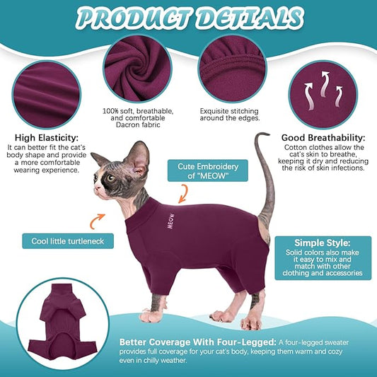 ROZKITCH Hairless Cat Clothes, Breathable Soft Jumpers for Sphynx Cats Only, Coat with Four Legs, Warm Sweater T-Shirt Pajamas Jumpsuit Vest Cornish Rex, Devon Rex, Peterbald Purple L