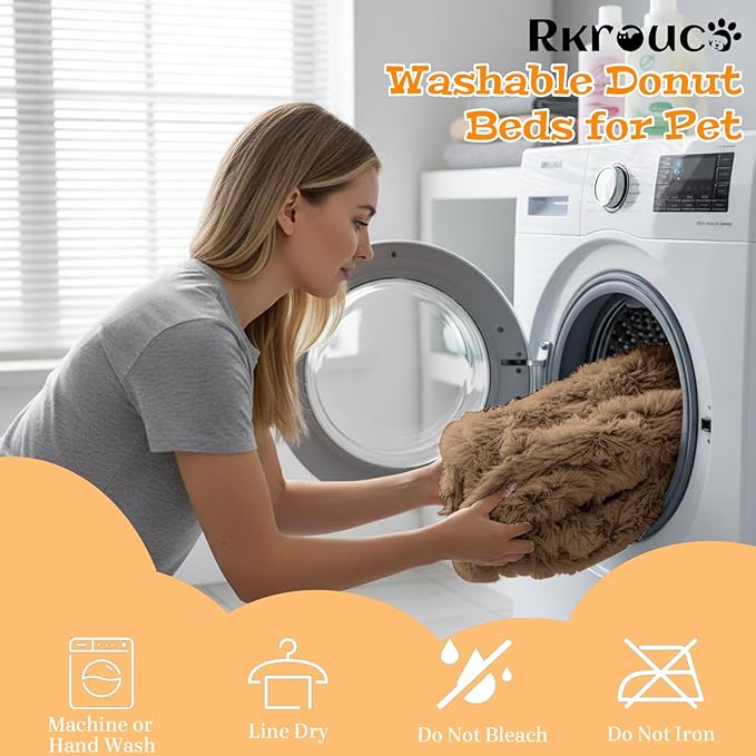 Fluffy Dog Bed Calming Donut Beds for Large Dogs Warming Round Small Medium Pet Nest Cozy Cat Mattress Indoor Washable Puppy Kennel Kittens Sleep Mat (XS, 20×20 inch, Light Brown)