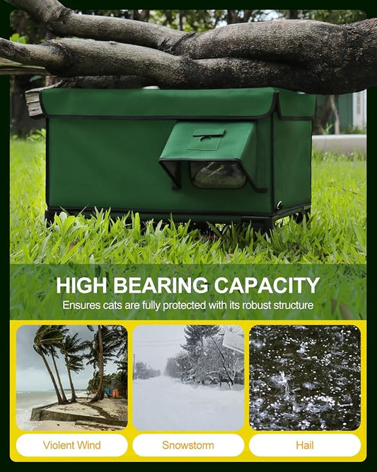 Heated Cat House for Outside,Dual Camera Mounts,100% Weatherproof & Extremely Insulated,Elevated Feral Cat Shelter with Escape Door,Waterproof Eaves for Outdoor Stray Barn Cat(Army Green,S)