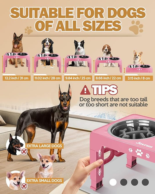 Elevated Dog Bowls, Dog Feeder with Stainless Steel Dishes & Slow Feeder Bowl, 5 Heights Adjustable Raised Stand for Medium Large, Food Dishes with Non-Slip Feet