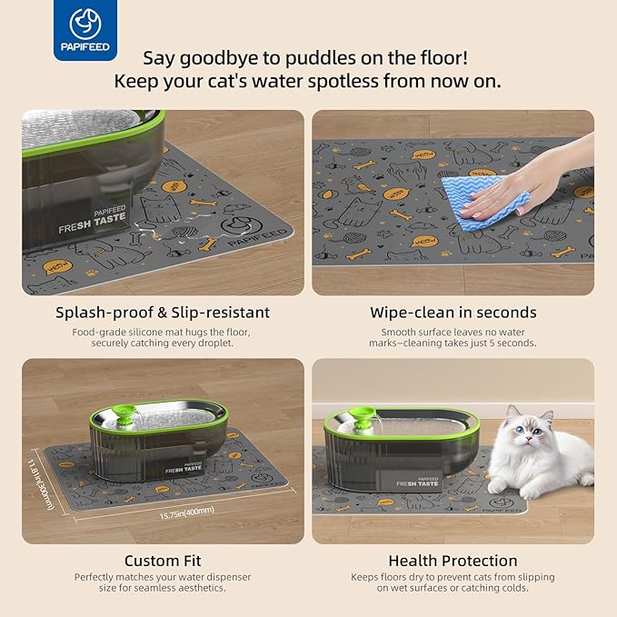 PAPIFEED Cat Water Fountain+ Stainless Steel Tray + 1 Silicone Mat+5 Filters+2 Sponges, 84 oz/2.5L Automatic Pet Drinking Fountain, Ultra Quiet Pet Fountain with Stainless Steel Tray, Easy to Clean