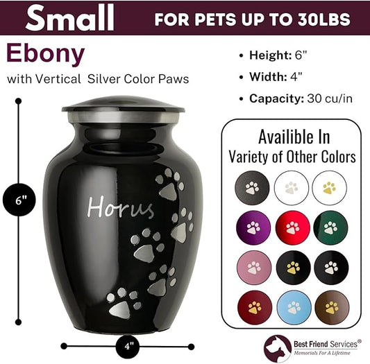 Pet Urn for Dogs and Cats with Personalized Laser Engraving, Ottillie Paws Premier Series Memorial Urns (Small Ebony with Vertical Pewter Paws)