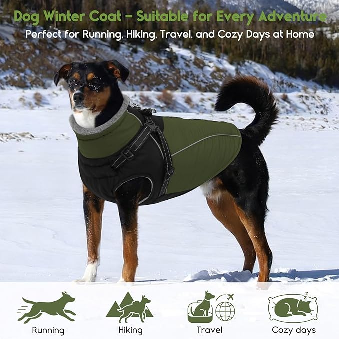 ASENKU Reflective Dog Coat with Built-in Harness, Windproof Fleece-Lined Dog Jacket for Small, Medium, Large Dogs, Warm Winter Vest with Turtleneck & Zipper (Green 2XL)