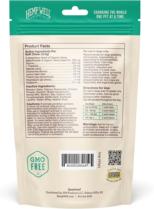 Organically Sourced Hemp Well Calm Dog Soft Chews - Anxiety Relief Treats for Dogs, Helps with Separation Anxiety and Travel, Melatonin and Hemp Dog Calming Chews (1 Pack (30 Chews))