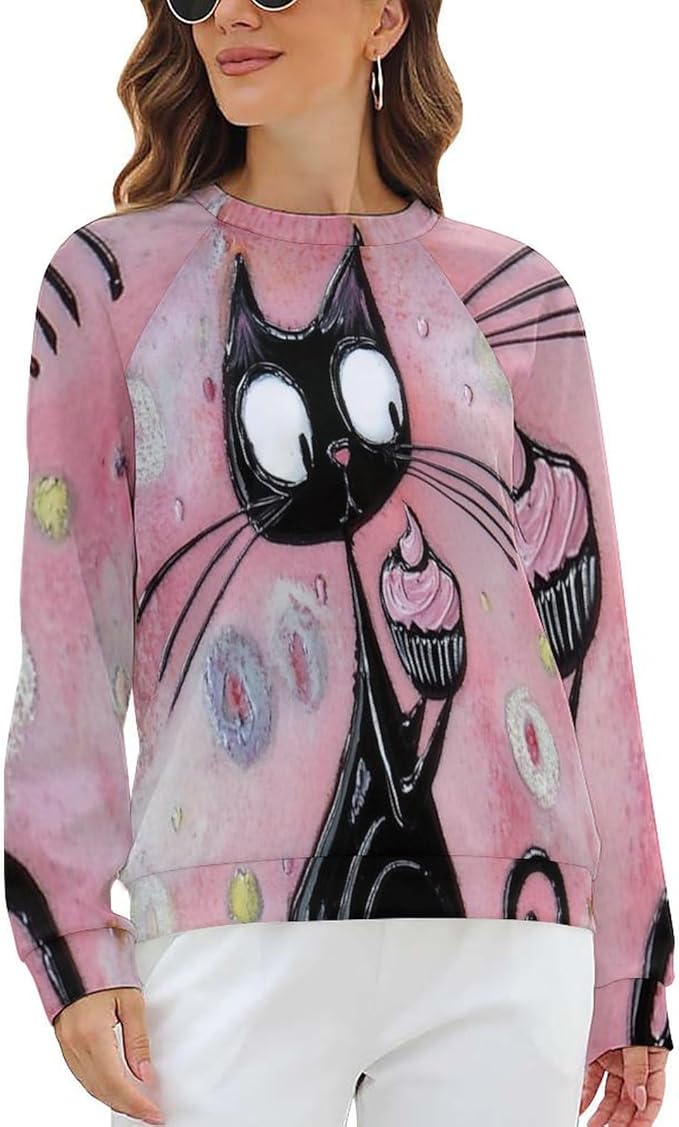 Biacolum Long Sleeve Shirts for Women Mid Century Retro Style Atomic Cat 3D Graphic Sweatshirts Fall Crewneck Pullover Top