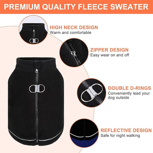 BEAUTYZOO Dog Fleece Vest Sweater Winter Jacket Zip Up Warm Pullover Step-in Dog Clothes with D-Ring Leash Cold Weater Reflective Coat Hoodie for for XS S M Dogs Puppy Cat Boy or Girl, Black Medium