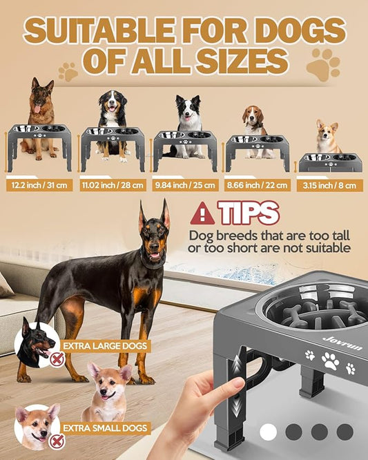 Elevated Dog Bowls, Dog Feeder with Stainless Steel Dishes & Slow Feeder Bowl, 5 Heights Adjustable Raised Stand for Medium Large, Food Dishes with Non-Slip Feet