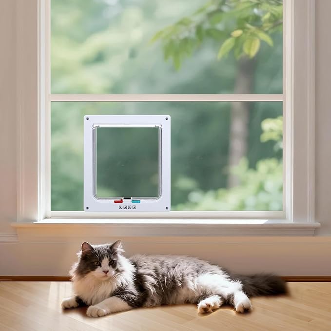 Cat Door for Window, Safety Cat Window with 4 Locking Modes, Fits 18"-32" Window, Pet Friendly Window Cat Door Insert, Ease of Installation, Magnetic Closure, Weatherproof Design, Clear Plexiglass