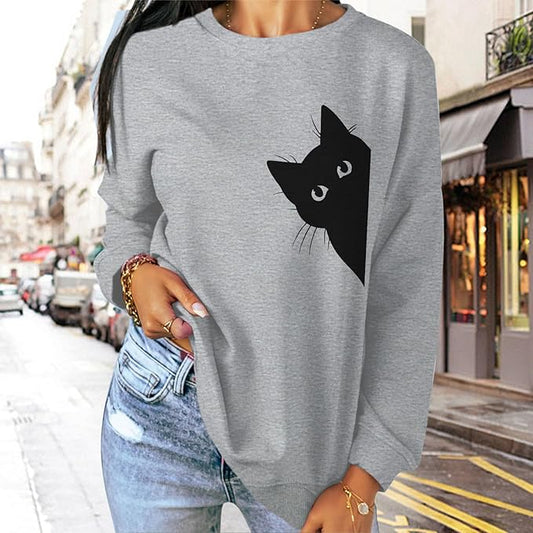 Cat Sweatshirts for Women Graphic Print Sweatshirt Funny Long Sleeve Shirt Cute Pullover Lightweight Hoodie Tops