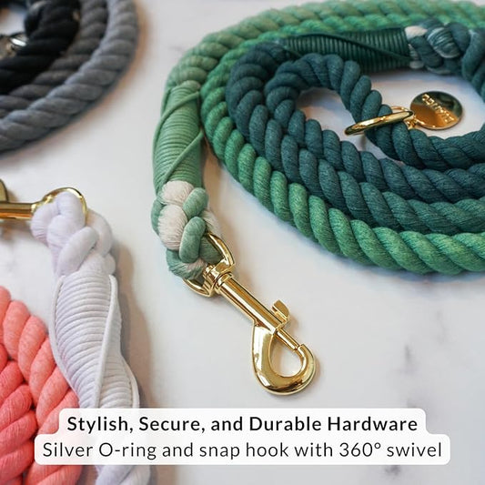 DJANGO Cotton Rope Dog Leash 5ft – Handcrafted Dog Leash and Green Braided Leash for Small, Medium, Large Dogs – Durable 5 Foot Training Lead with Gold Hardware and Whipped Ends – Forest Green Ombre