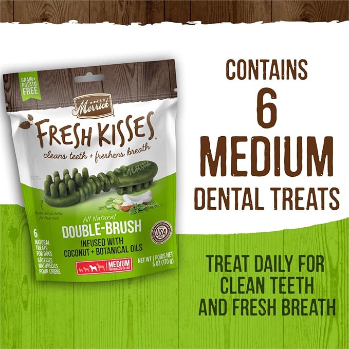 Merrick Fresh Kisses Natural Dental Chews Infused With Coconut And Botanical Oils For Medium Dogs 25-50 Lbs - 6 ct. Bag
