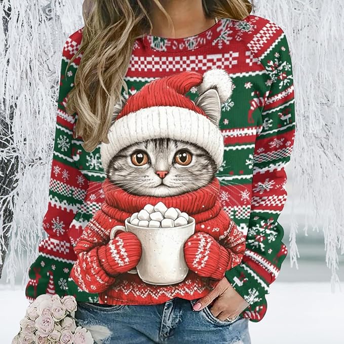 Womens Ugly Christmas Sweatshirt Funny Cat Dog Printed Xmas Pullover Shirts Crewneck Long Sleeve Graphic Hoodies