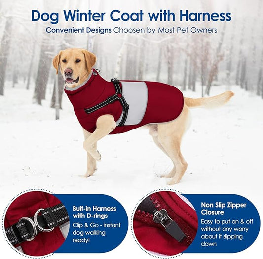KOESON Dog Coat, Windproof Dog Winter Coat with Harness Built in for Extra Large Dogs, Waterproof Reflective Pet Snow Jacket with Warm Fleece Lining for German Shepherd, Labrador Retriever