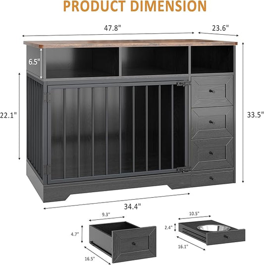 48'' Dog Crate Furniture, Farmhouse Heavy Duty Dog Kennel with Bowl & Storage Drawers, Medium Dog Cage End Table for Small Medium Dogs, Black