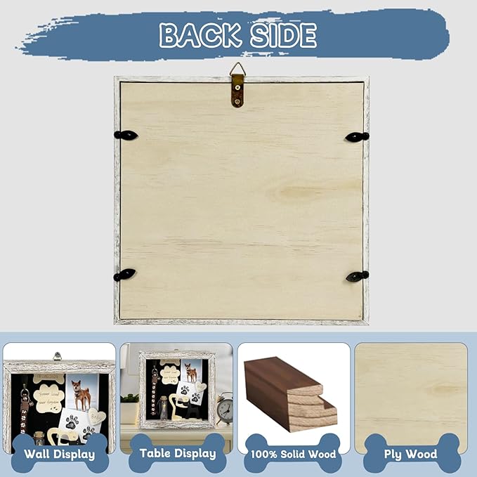 Cat Memorial Shadow Box Gift Pet Memory Display Case Wooden Picture Frame Pet Paw Ink Kit Glass Fur Jar Pets Keepsake Holder for Passed Away Dogs Cats idea Gifts for Pet Lover (White Cat Frame)