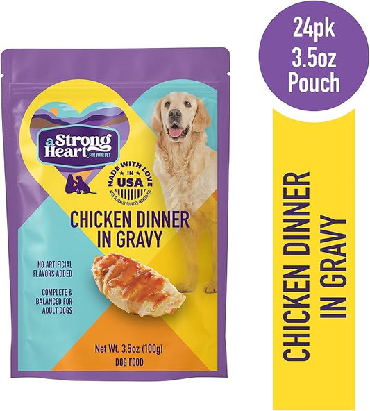 A Strong Heart Wet Dog Food Pouches, Chicken Dinner in Gravy, 3.5 oz Pouches (Pack of 24), Made in The USA with Real Chicken
