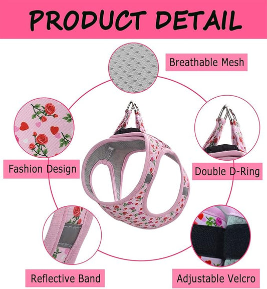 Moonpet Step in Valentine's Day Dog Harness Leash Set- All Weather Reflective No-Pull Floral Pattern Padded Mesh Vest Harness for Cats Puppy Extra-Small Small Medium Large Dogs - Heart Rose - XL