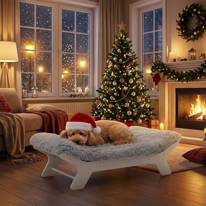 Muihood Elevated Dog Bed Wooden Frame and Mattress with Washable Cover, White S Puppy Up to 40 lbs